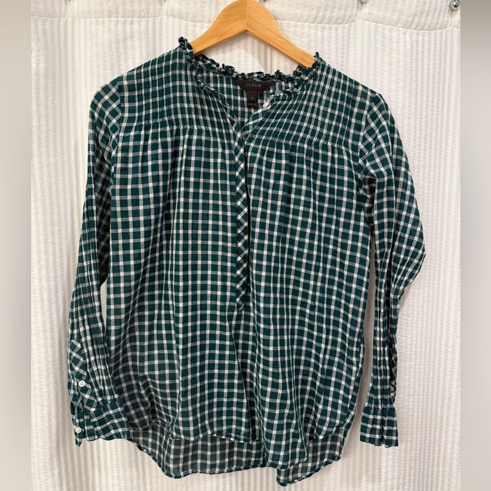 J Crew Green and White Checkered Blouse, size 2